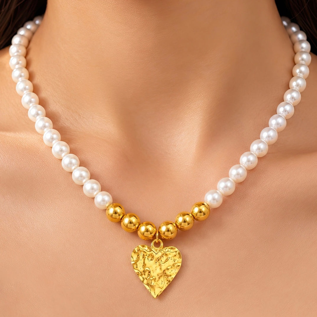 Necklace Anti-Tarnish Pearl Strand With Textured Golden Heart Centerpiece - View 1