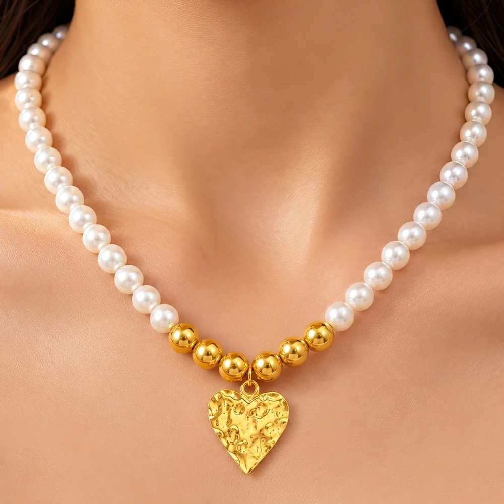 Necklace Anti-Tarnish Pearl Strand With Textured Golden Heart Centerpiece - View 1