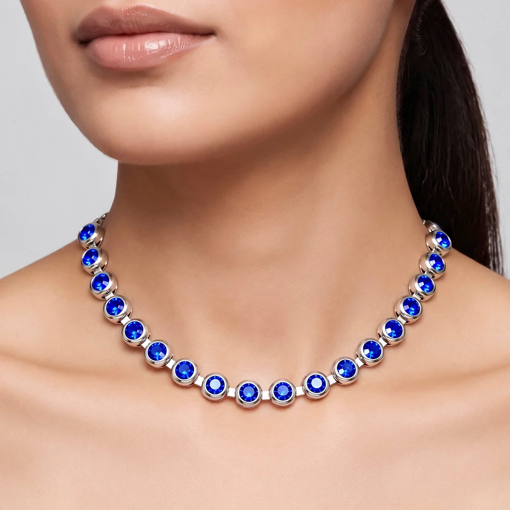 Necklace Anti-Tarnish Studded Single-Line With Blue Sapphire Crystals