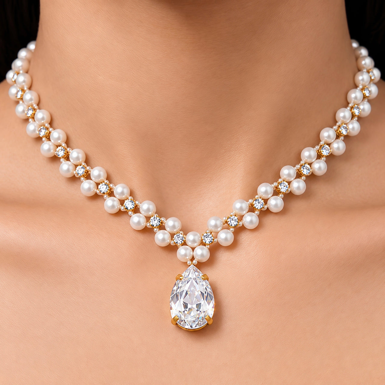 Necklace Anti-Tarnish Woven Crystal Pearl Teardrop Pendant - View 1