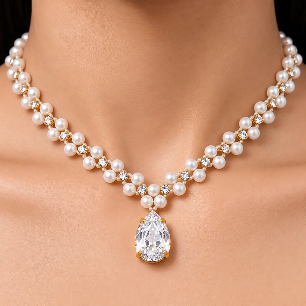 Necklace Anti-Tarnish Woven Crystal Pearl Teardrop Pendant