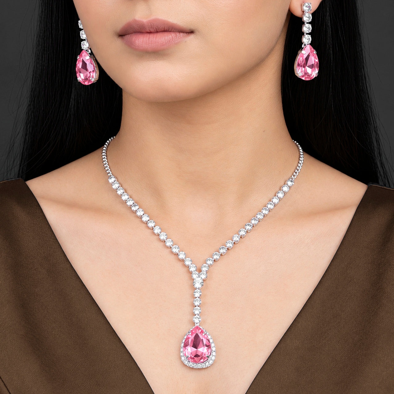 Necklace Set Anti-Tarnish Vintage Rose Teardrop Crystal With Matching Earrings - View 1