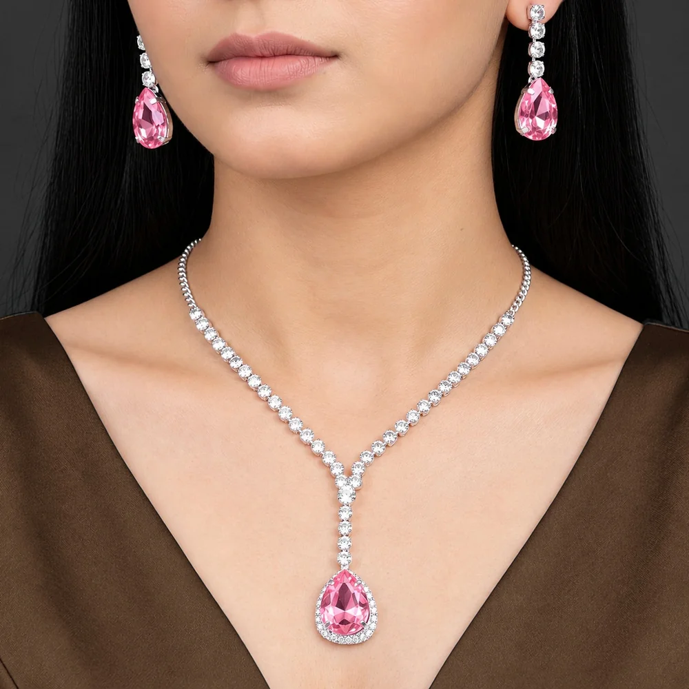 Necklace Set Anti-Tarnish Vintage Rose Teardrop Crystal With Matching Earrings - View 1