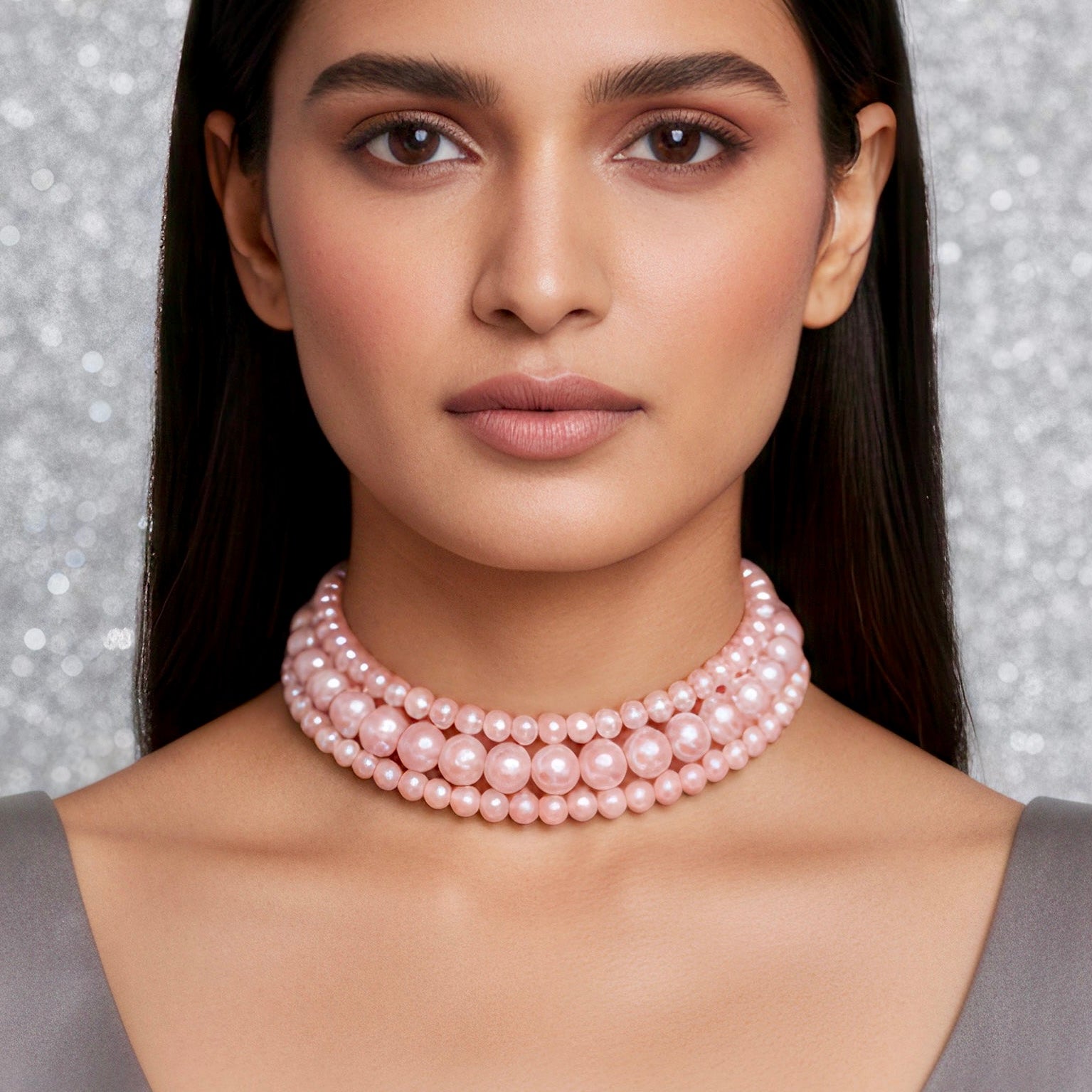 Necklace Triple Layer Rose Pink Pearl Choker