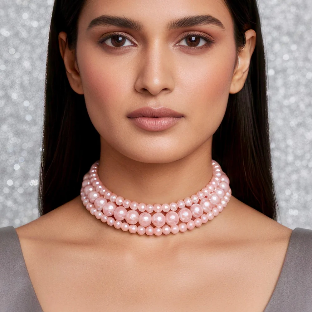 Necklace Triple Layer Rose Pink Pearl Choker