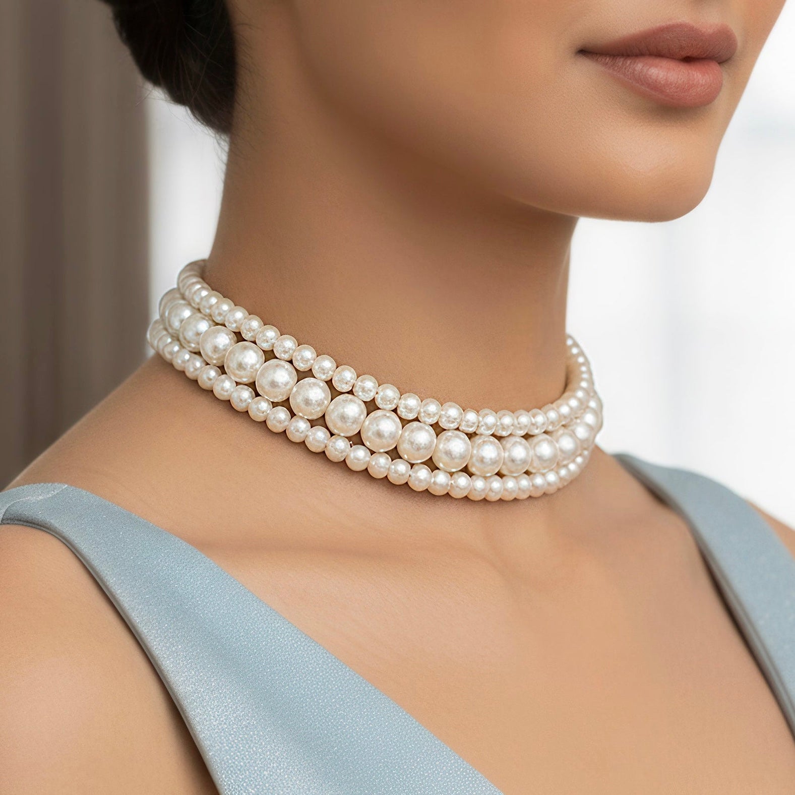 Necklace Triple Layer White Pearl Choker Set - View 1