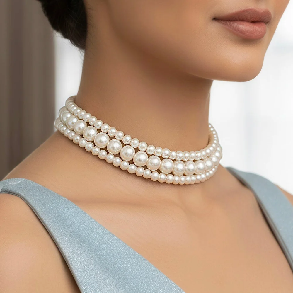 Necklace Triple Layer White Pearl Choker Set