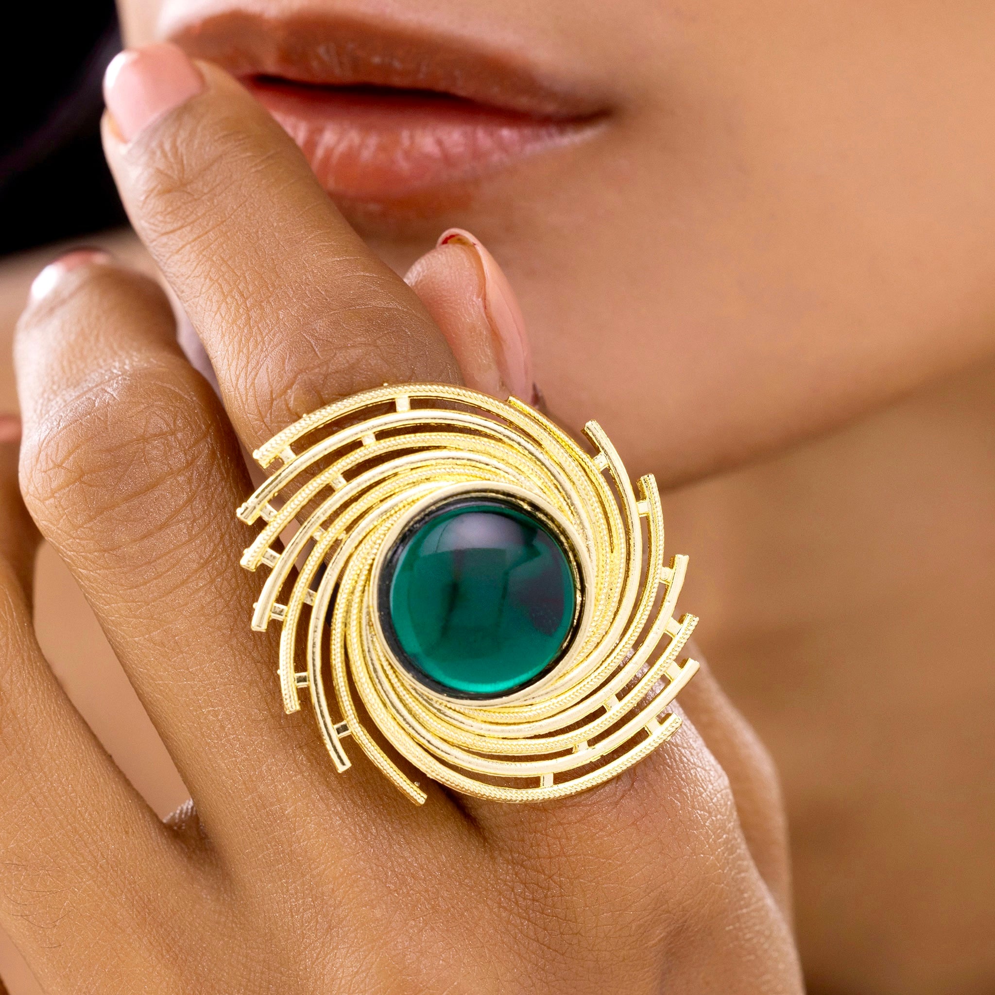 Ring Anti-Tarnish Galaxy Green Cabochon Cocktail (Adjustable Size) - View 1