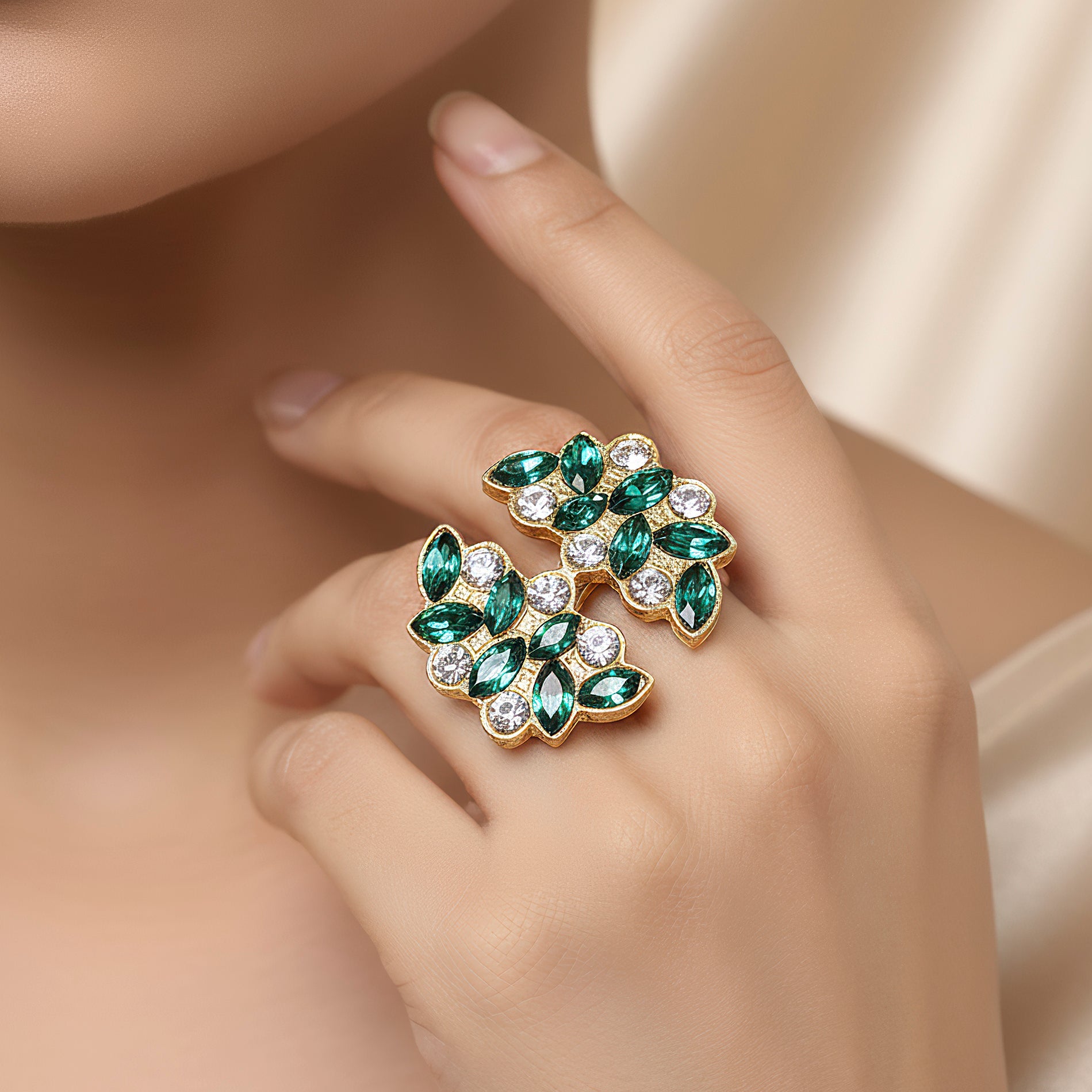 Ring Anti-Tarnish Leafy Crystals (Adjustable Size) - View 1