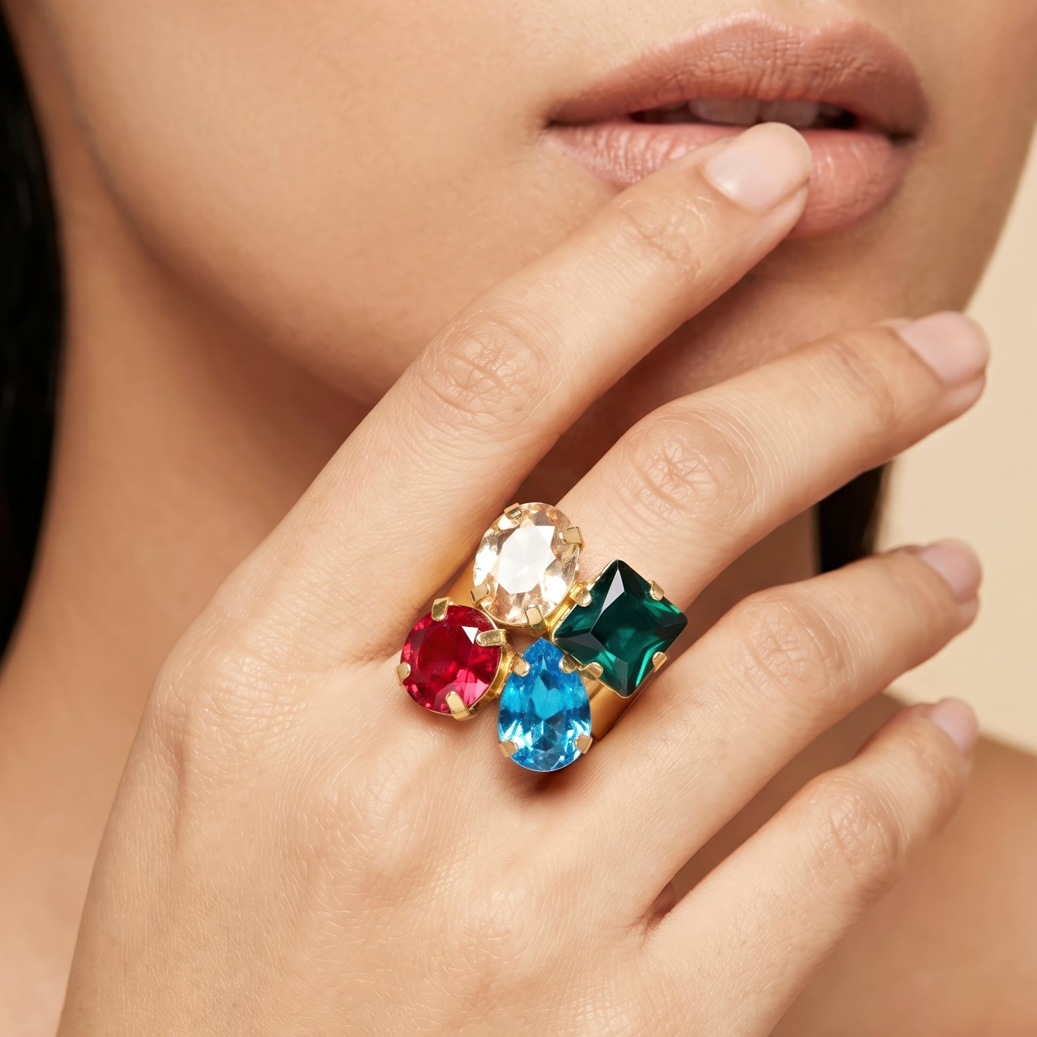 Ring Anti-Tarnish Multicoloured Crystals (Adjustable Size) - View 1