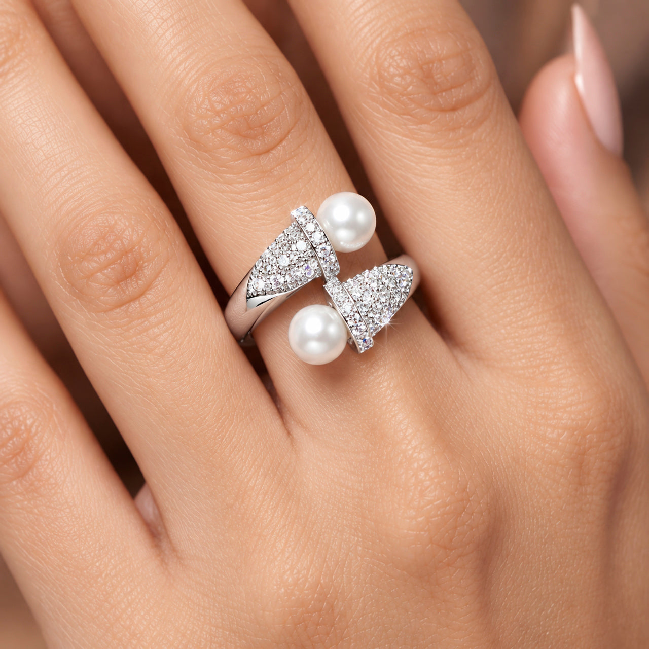 Ring Anti-Tarnish Pearl Crystal Open Band (Adjustable Size) - View 1