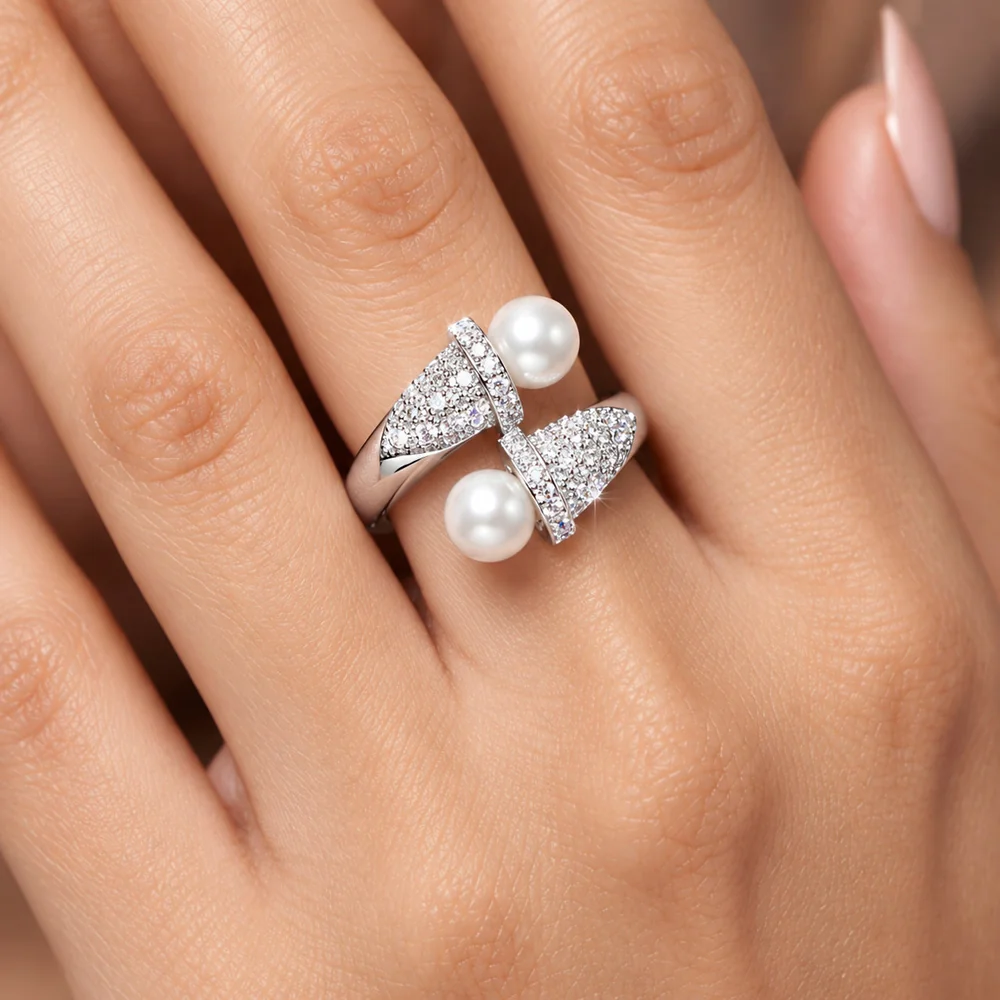 Ring Anti-Tarnish Pearl Crystal Open Band (Adjustable Size) - View 1