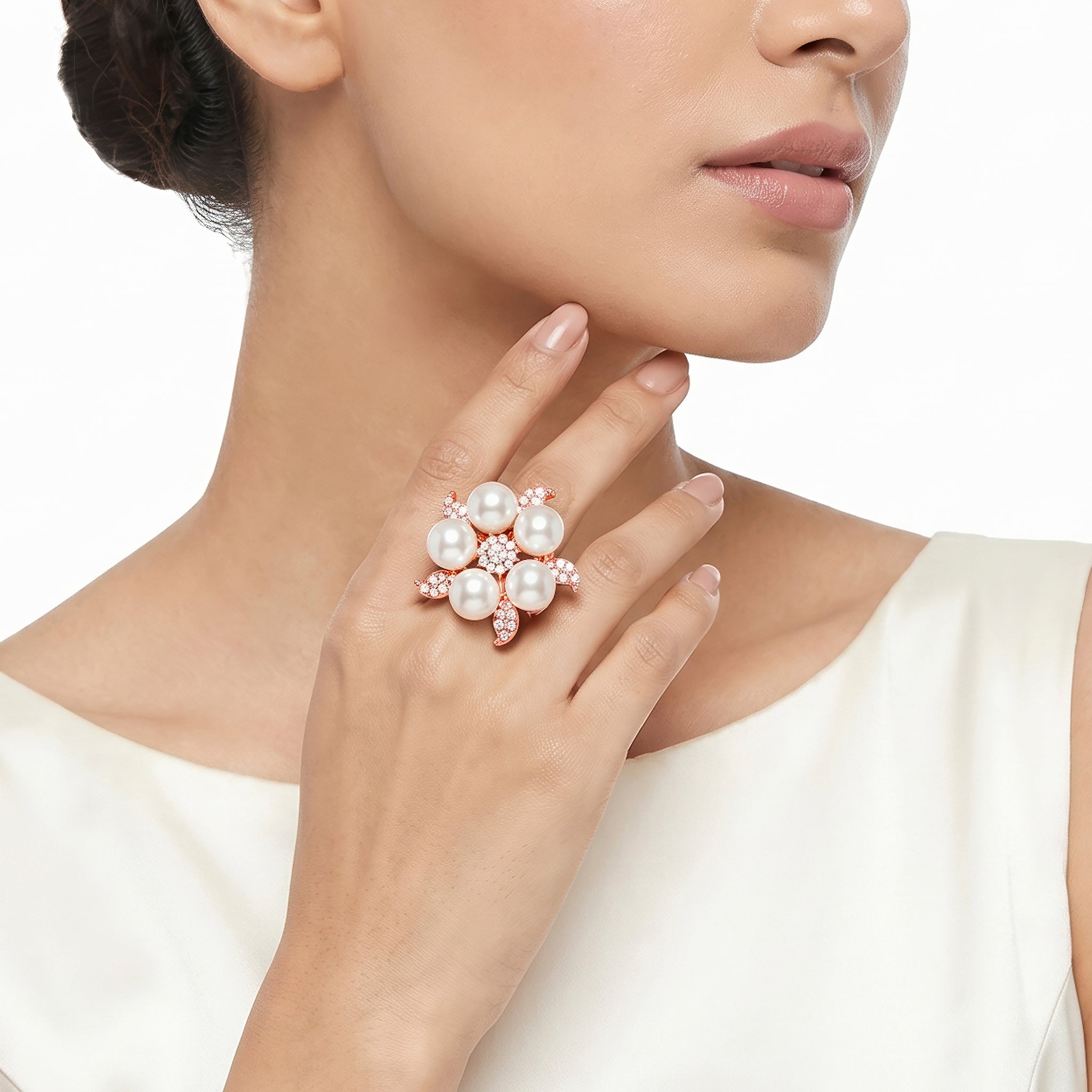 Ring Anti-Tarnish Pearl Floral Leaf (Adjustable Size) - View 1