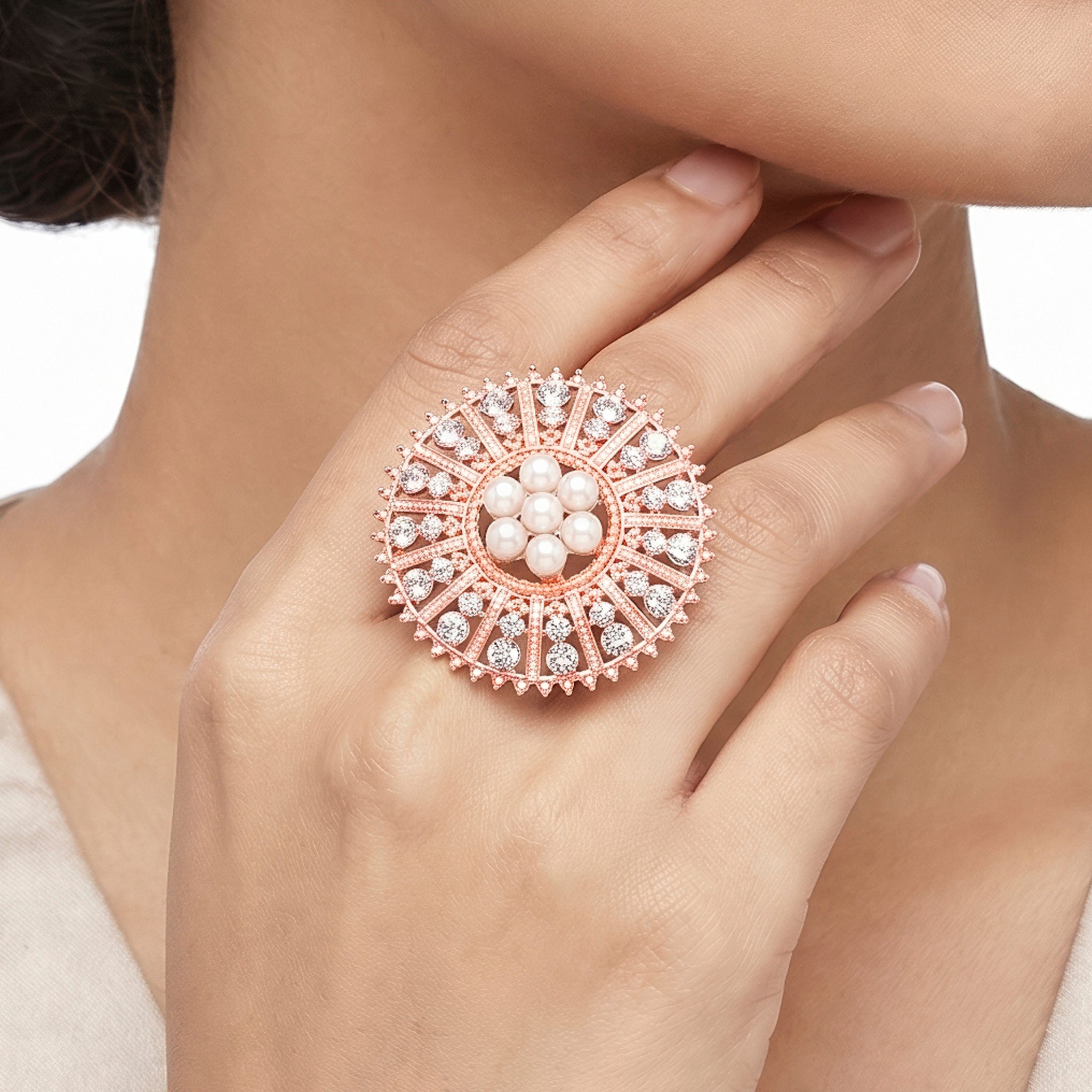 Ring Anti-Tarnish Pearl Sunburst Floral (Adjustable Size) - View 1
