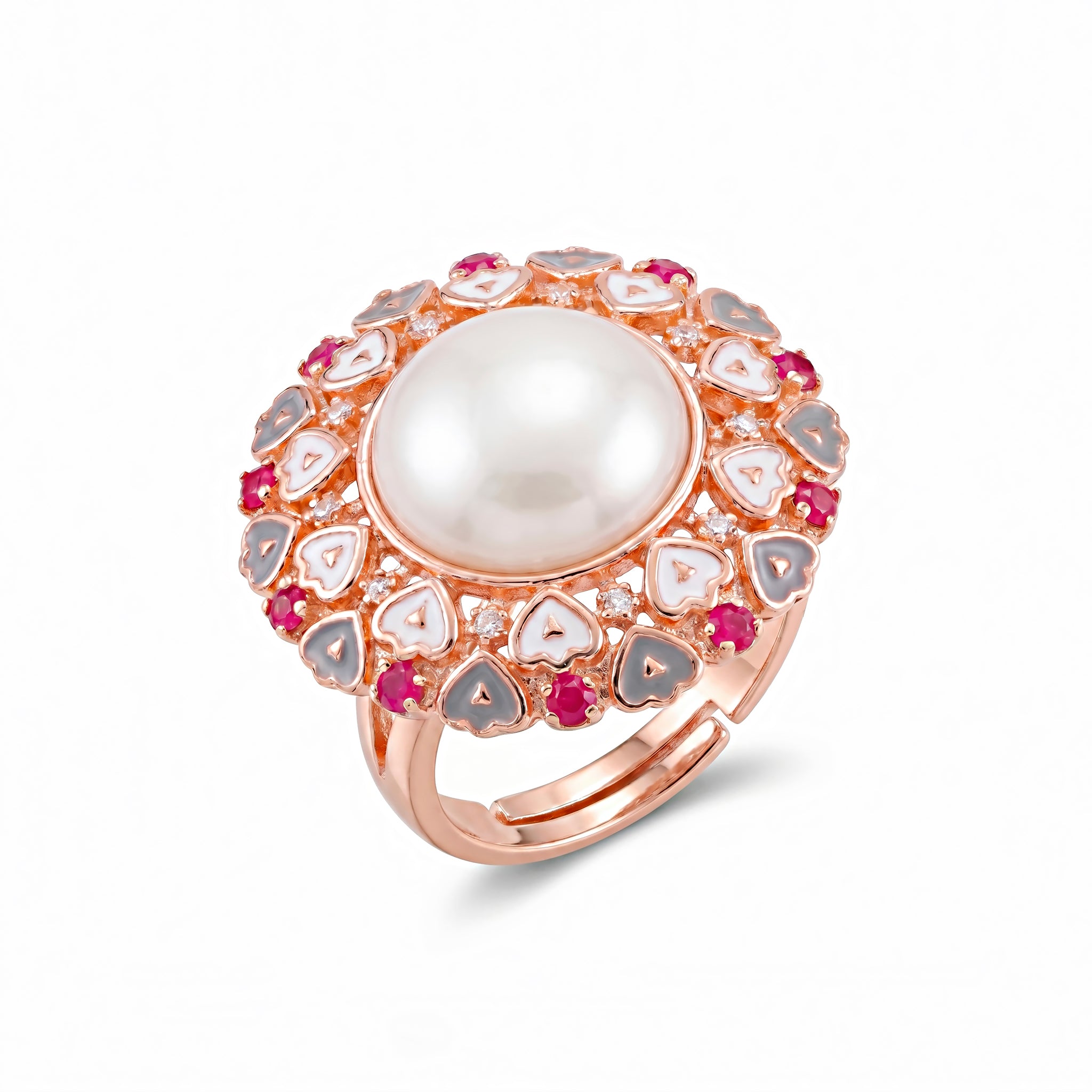 Ring Anti-Tarnish Statement With Pearl And Enamel Hearts (Adjustable Size) - View 1