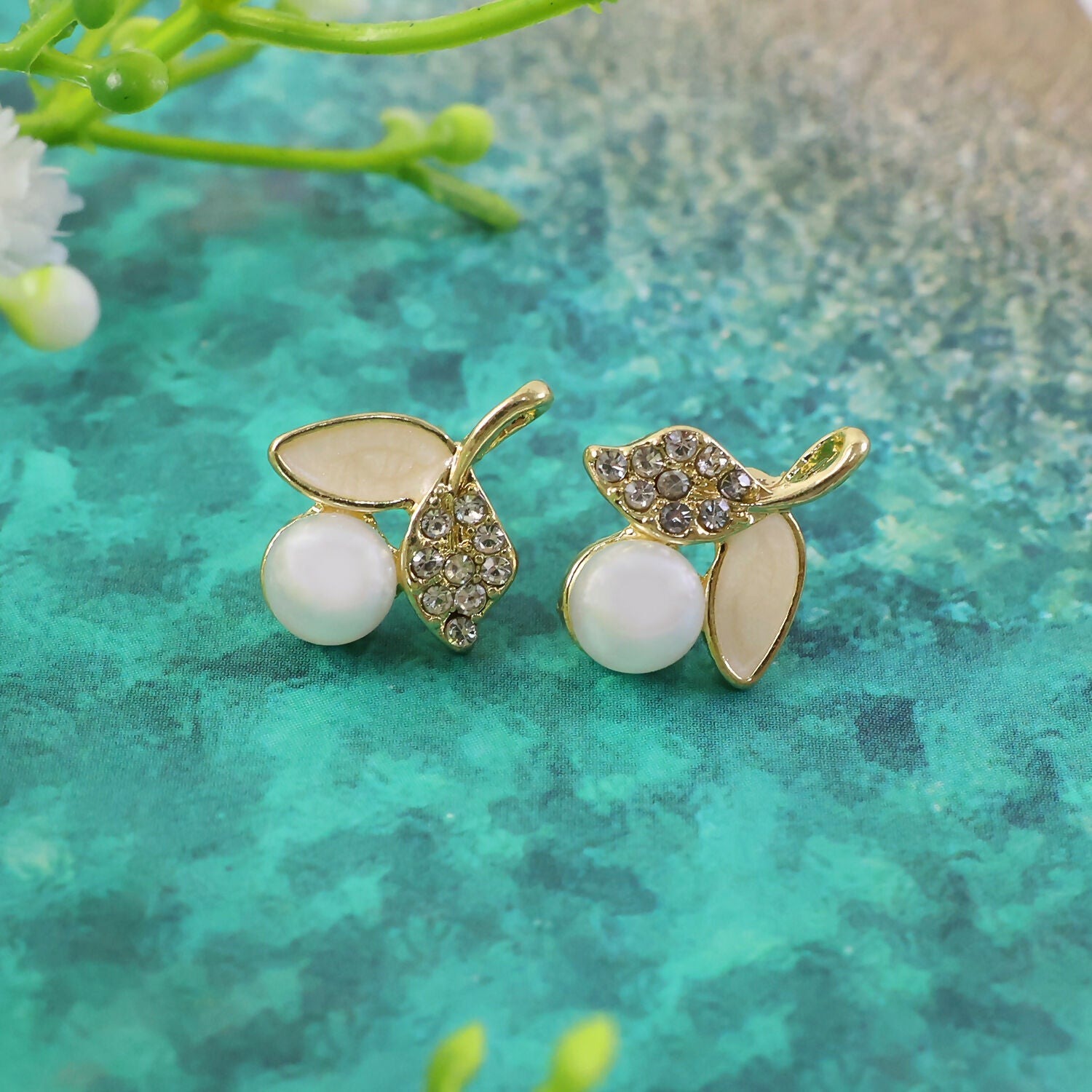 Pearl and Crystal Vine Leaf Stud Earrings