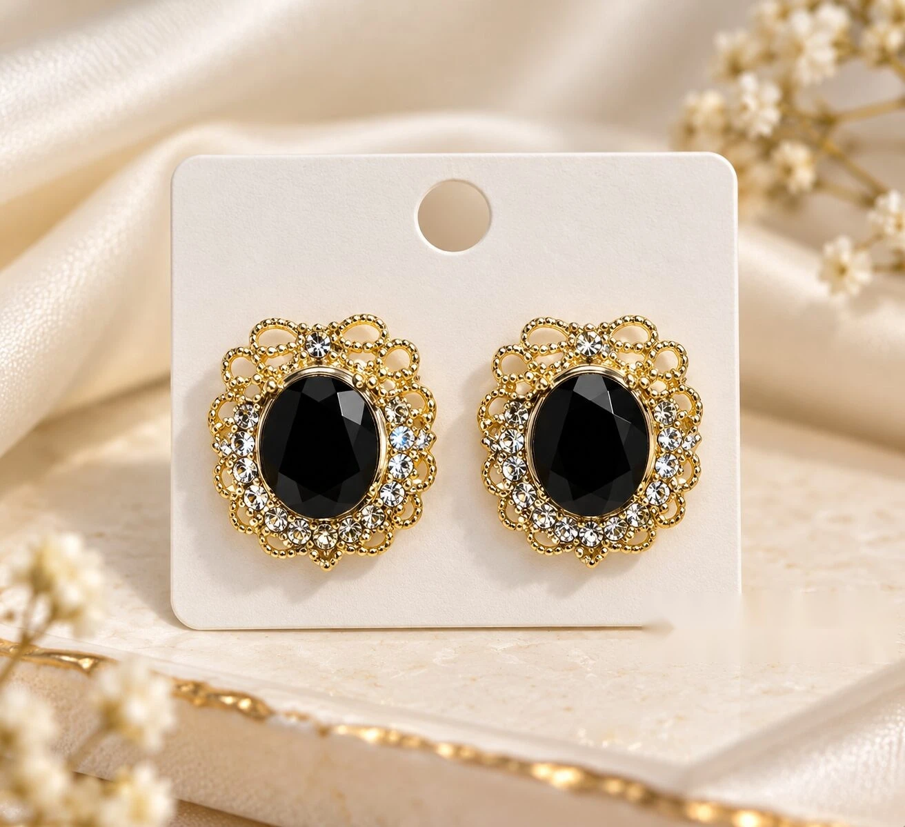 Vintage Oval Black Onyx Gold-Tone Stud Earrings