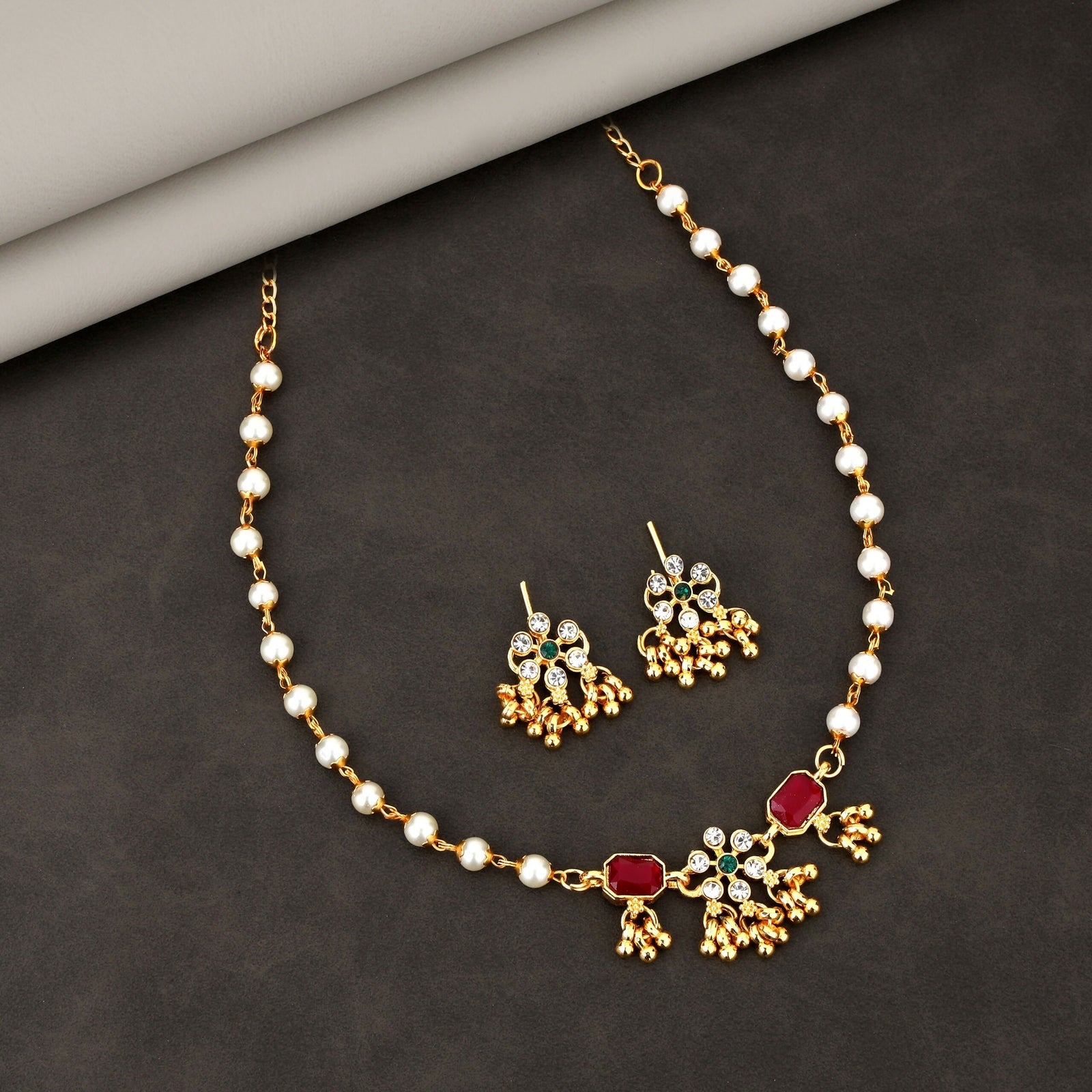 Traditional Gold-Plated Meenakari Rose Double Pendant Necklace Set
