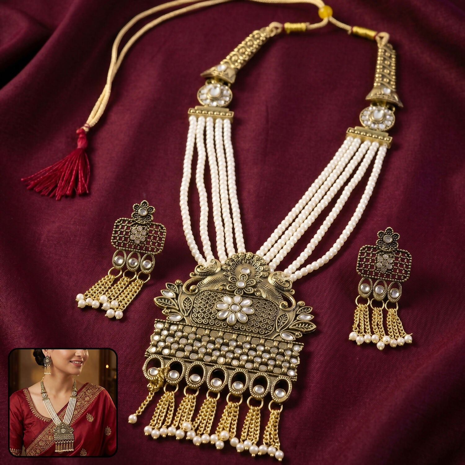 Traditional Pearl Multi-Strand Necklace with Antique Gold Pendant Set