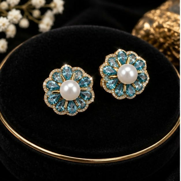 Turquoise Blue Floral Stud Earrings with Pearl Center