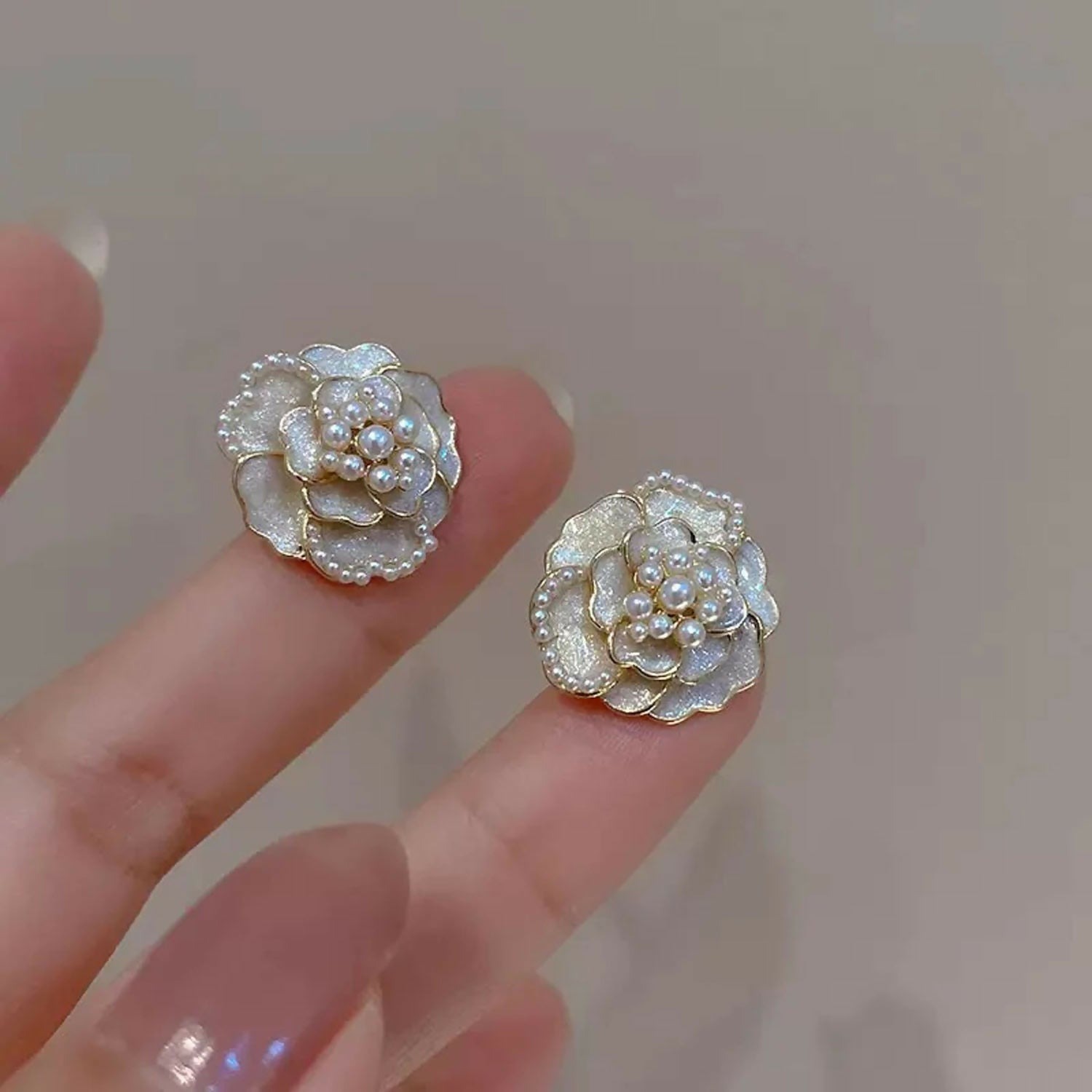 White Camellia Blossom Stud Earrings with Micro-Pearl Accents