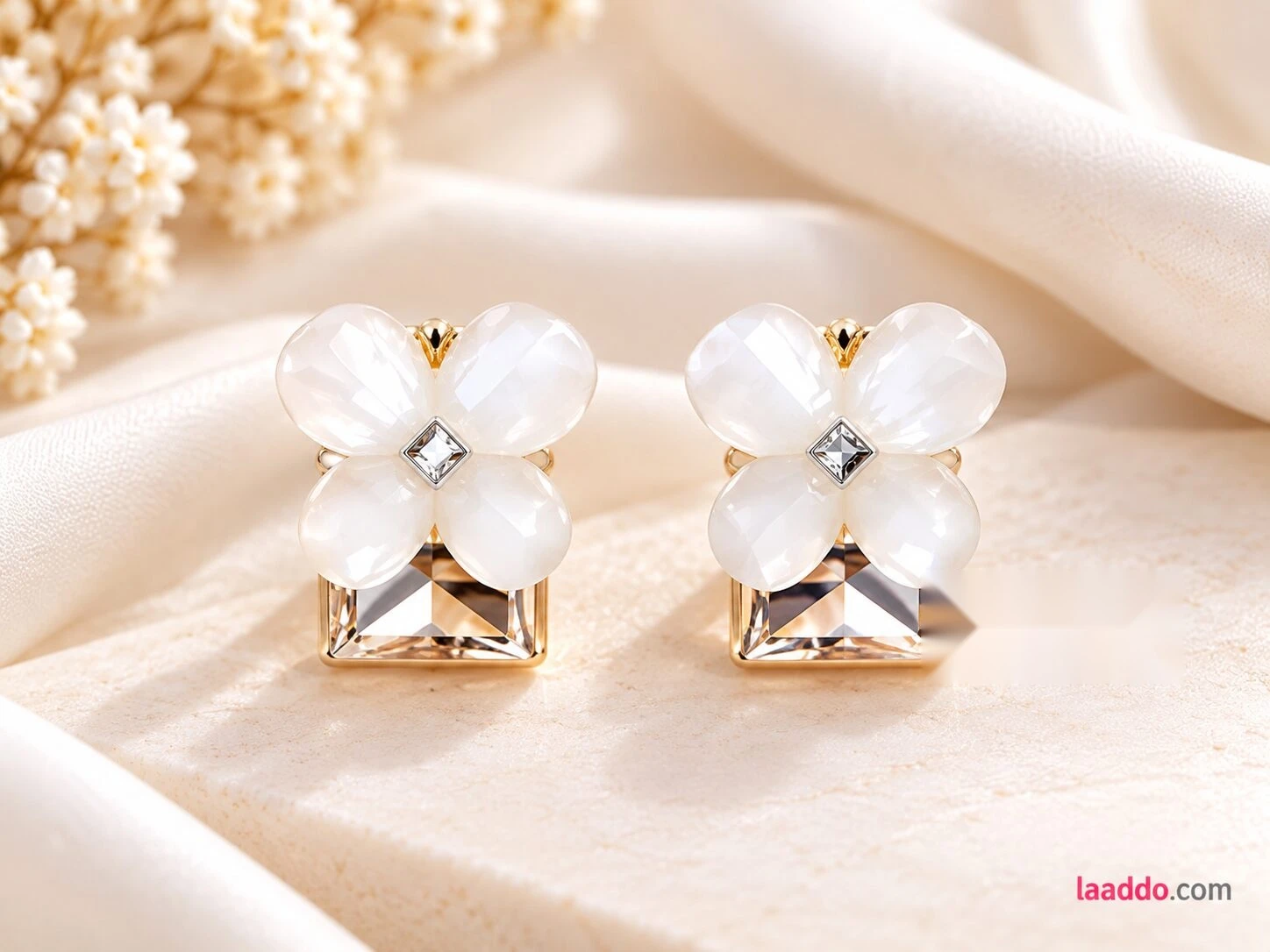 White Flower Petal Stud Earrings with Square Crystal Accent