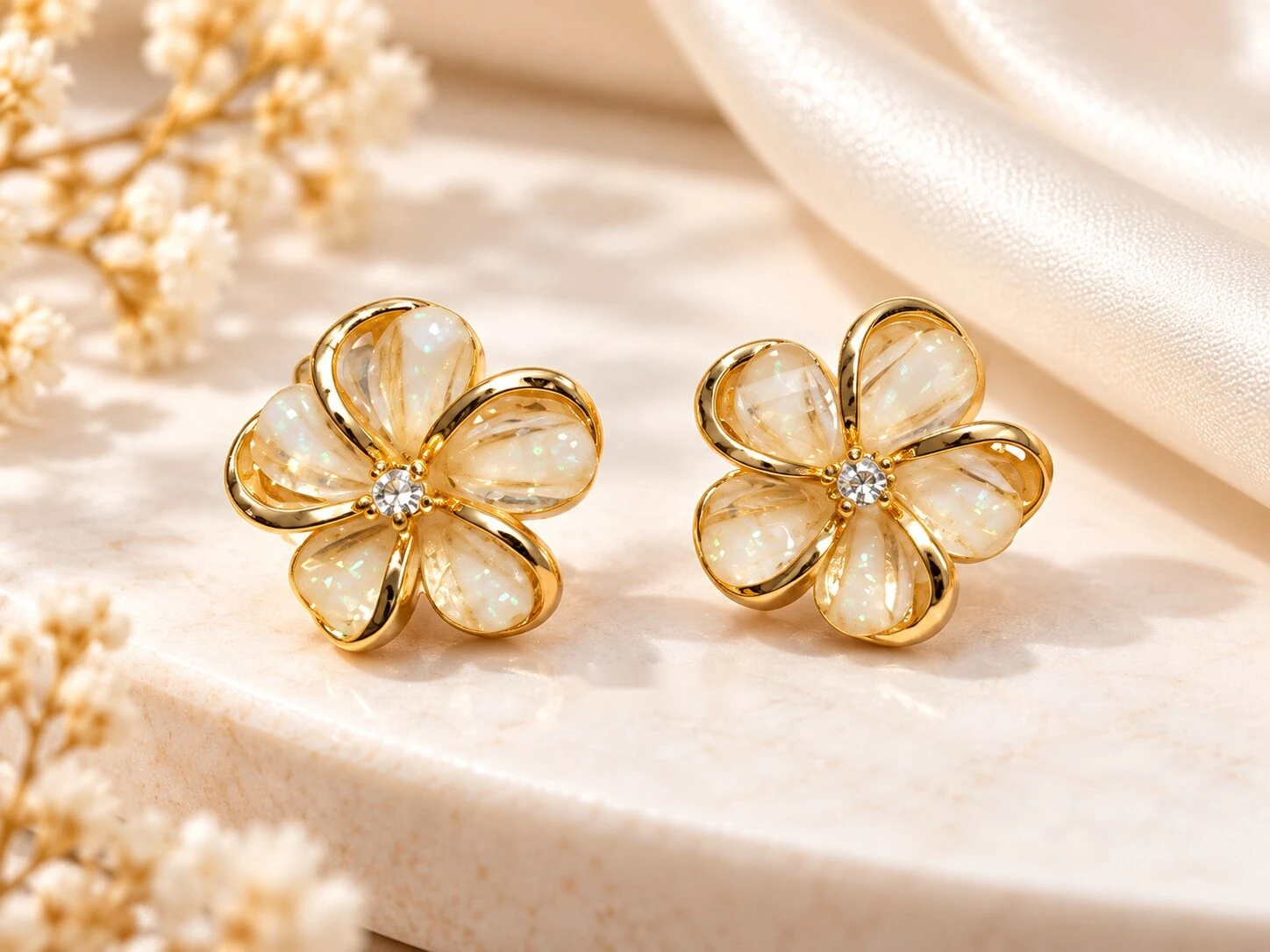 White Opal Flower Blossom Stud Earrings with Crystal Center